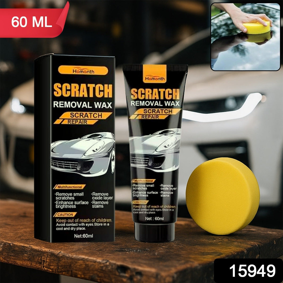 Car Scratch Removal Wax 60ml tube with sponge applicator on a car surface Main image