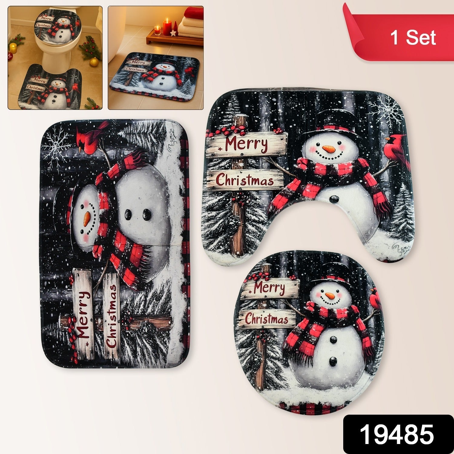 Christmas Bathroom Mat Set – Soft Snowman 3-Piece Décor Secondary image