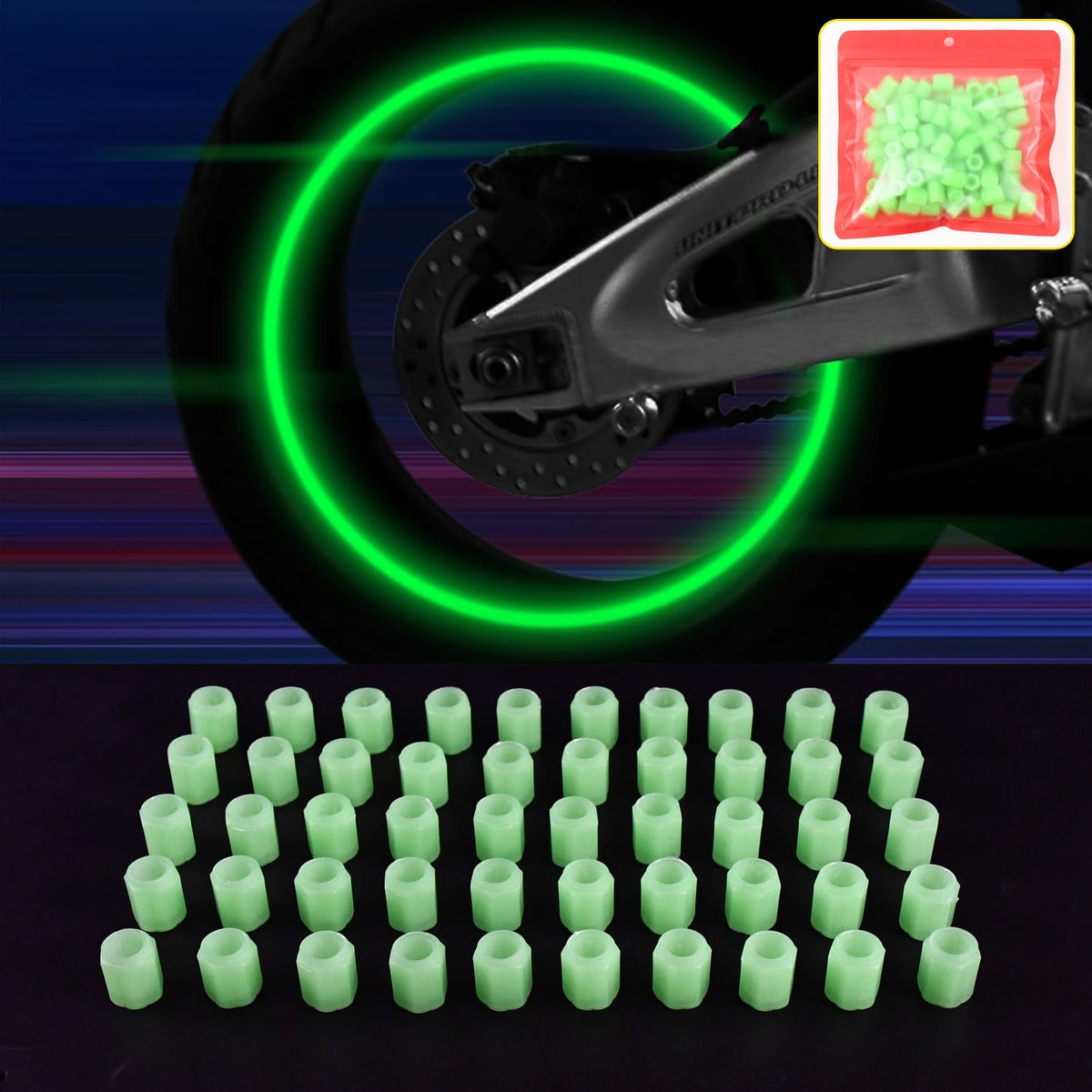Luminous glow tyre valve caps glowing brightly on car tires Main image