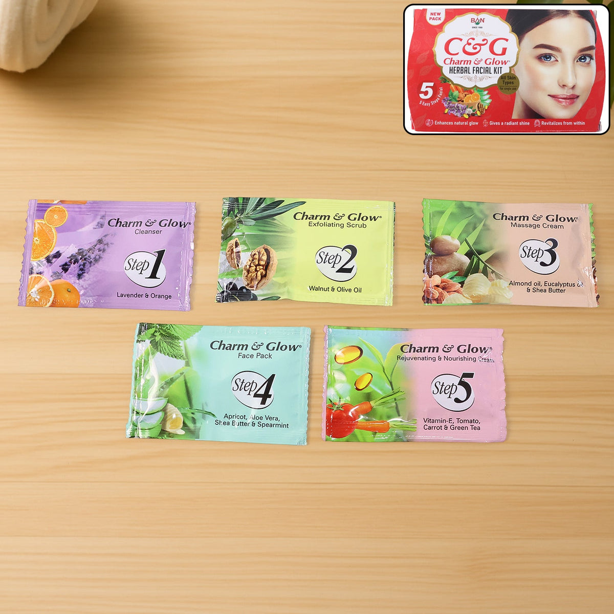 Herbal Facial Kit sachets and packages for 5-step skincare routine Main image