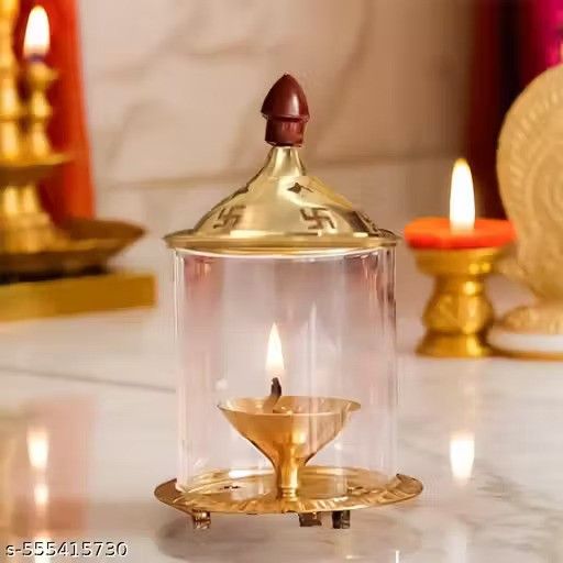 Brass and Glass Akhand Deep Diya with Cover for Puja | Deepam Jyot Diya Oil Lamp Main image