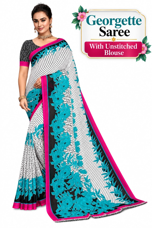 Kanooda Prints Women's Fancy Georgette Printed Saree_1278_White_Blue Main image