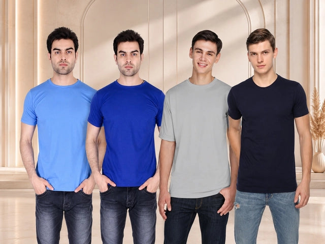 Men's Solid Round Neck Polycotto Multicolor T-Shirt (Pack of 4). Main image
