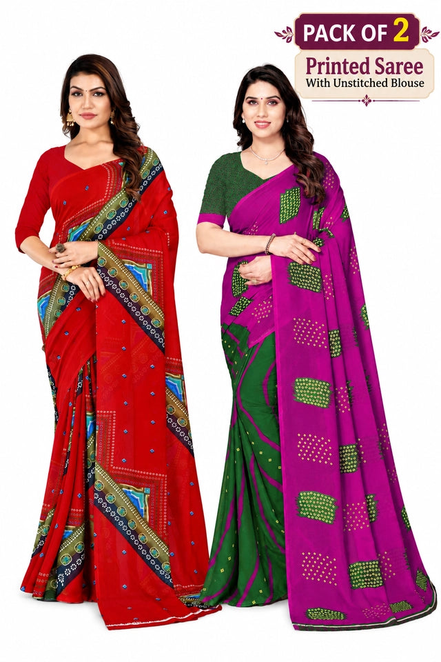 maayro Printed Bandhani Georgette Saree (Pack of 2, Multicolor) Main image