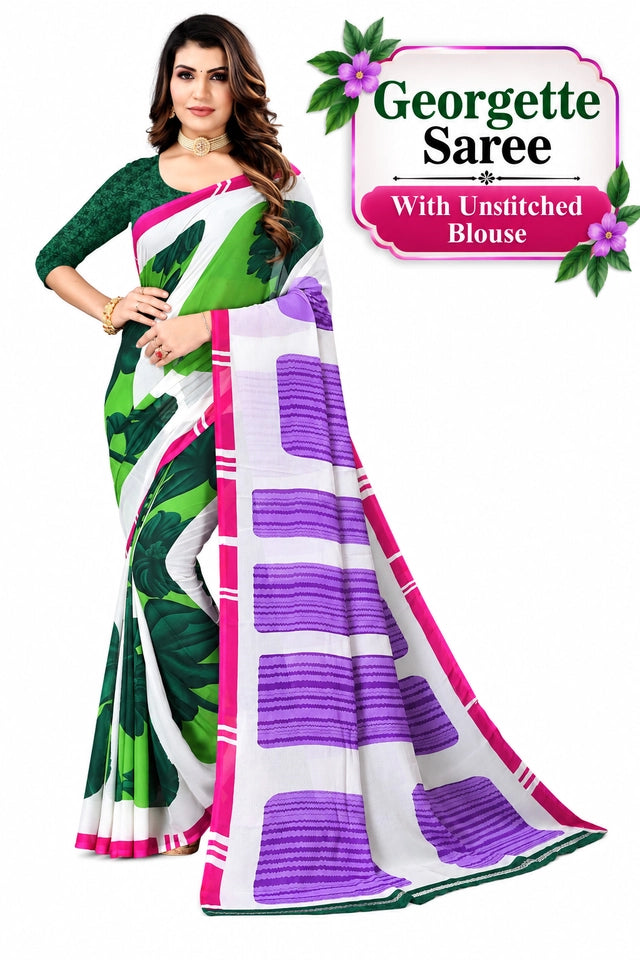Women's Georgette Printed Saree With Blouse piece(ECHO BLUE_Free Size) Main image