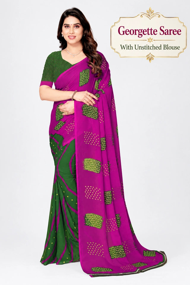 Kanooda Prints Printed Daily Wear Georgette Saree (Green) Main image