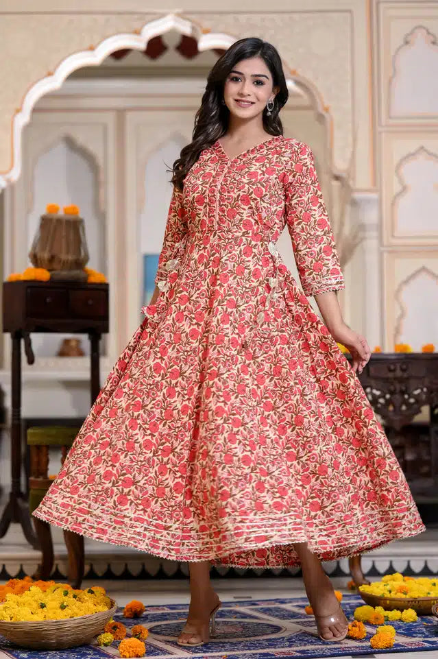 Cotton Printed Anarkali Kurti for Women (Red, M) Main image