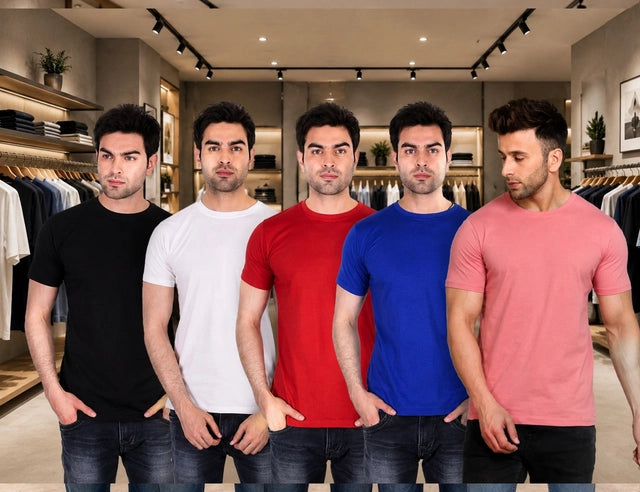 Men's Solid Round Neck Polycotto Multicolor T-Shirt (Pack of 5). Main image