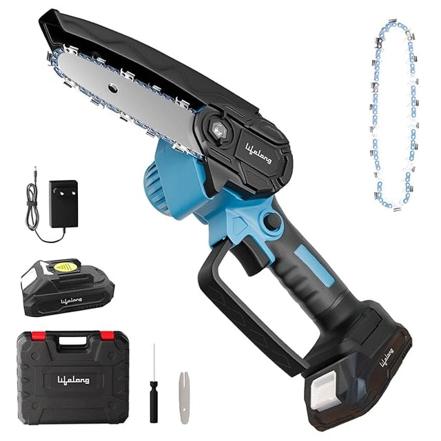 Cordless Mini Chainsaw 6-Inch | 20V Rechargeable Electric Pruning Saw with 2 Batteries, Extra Chain & Carry Case Main image
