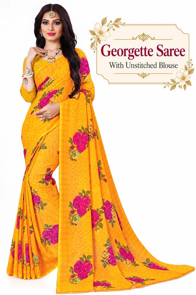 Chic Floral Georgette Saree with Smooth Texture and Alluring Fall Ideal for Festive, Office, and Evening Wear Looks Main image