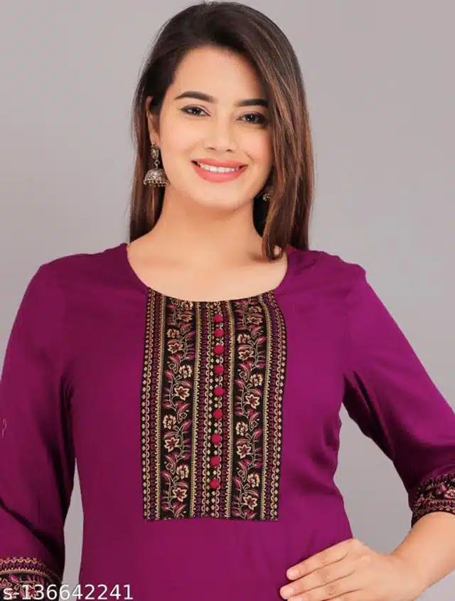 Rayon Embroidered Kurti for Women (Purple, XXS) Secondary image