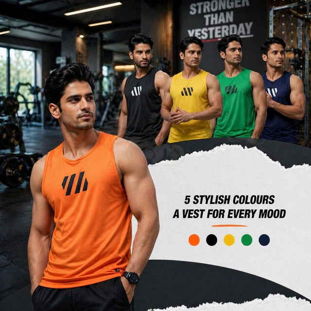 PSC Men’s Gym Vest Pack of 5 – Stylish, Breathable, Stretchable & Comfortable Sleeveless Sports Vest for Workout, Running, Training & Daily Wear. Main image