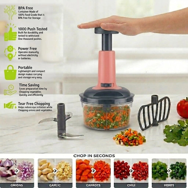 Push Chopper 650ml Manual Vegetable Chopper with 3-Tier Stainless Steel Blades (Pack of 1) Secondary image