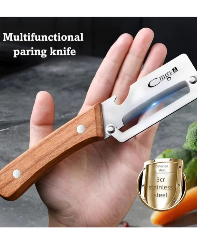 Multi-Functional Vegetable Peeler,2.5mm Stainless Steel Peeler Knife with Ergonomic wooden Handle & Bottle Opener,2 in 1 kitchen Tool for Fruit Apple,Potatoes, Sugar Cane (Silver/Burlywood) Main image