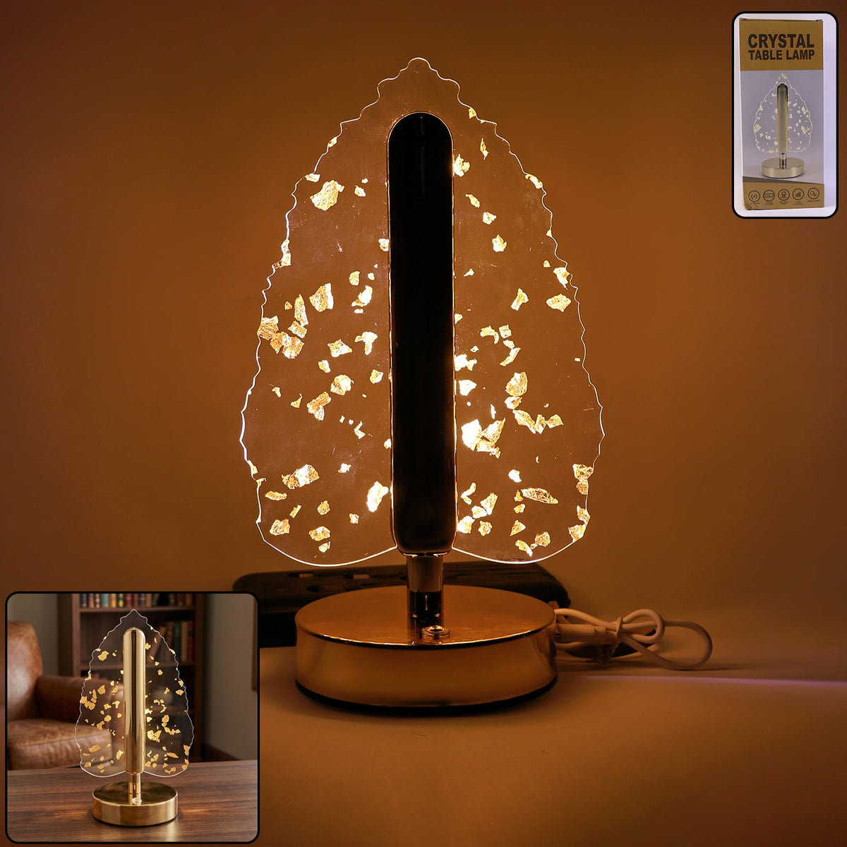 Golden crystal leaf-shaped LED table lamp showcasing crystal and gold flakes design Main image