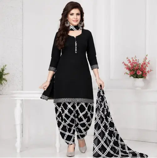 Women's Black Solid Crepe Suit Dress Material with Chiffon Dupatta – Unstitched 3-Piece Ethnic Set
