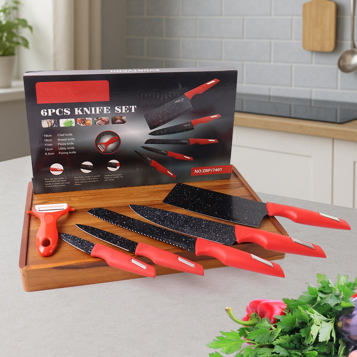6-piece kitchen knife set with marble-coated stainless steel blades and red handles Main image