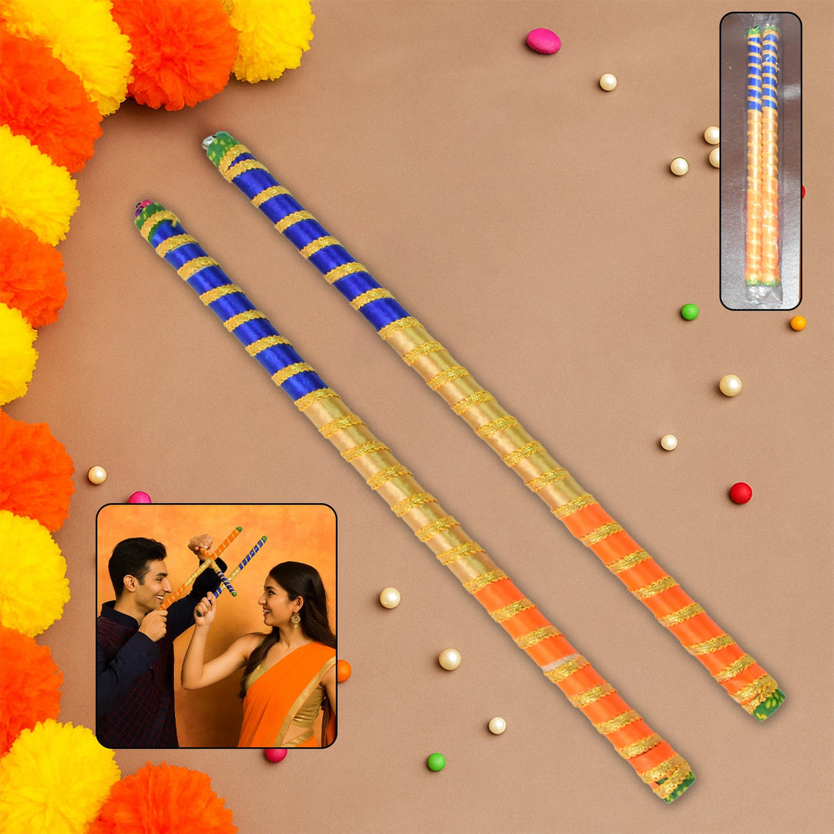 Decorative dandiya sticks pair with colorful golden accents for Navratri and Garba celebrations Main image