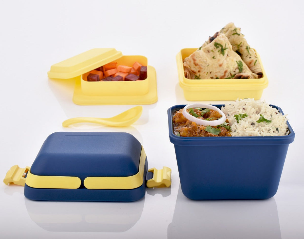 Blue 3-compartment airtight lunch box with ergonomic handle & secure push lock. Main image