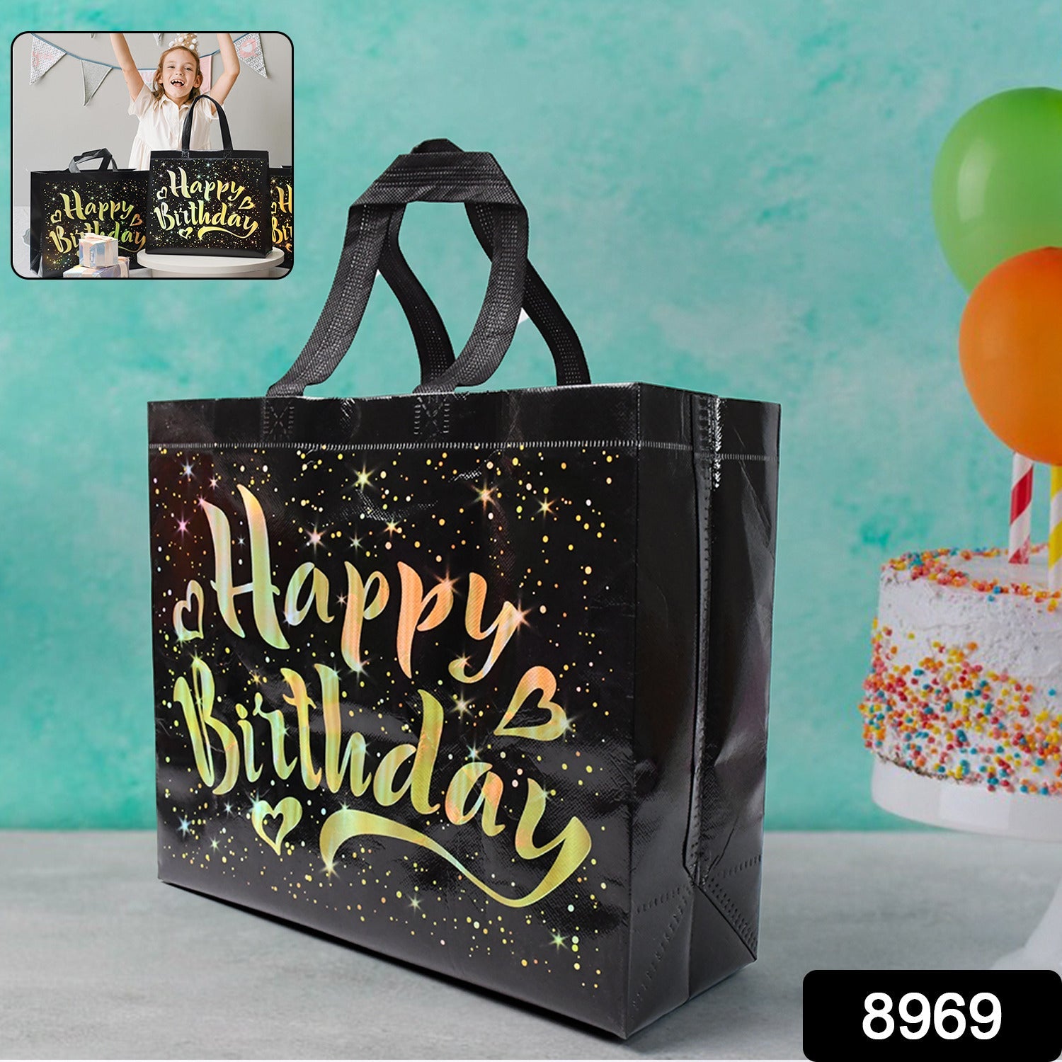 Birthday Gift Bag with Gold Stars – Reusable Black Tote Secondary image