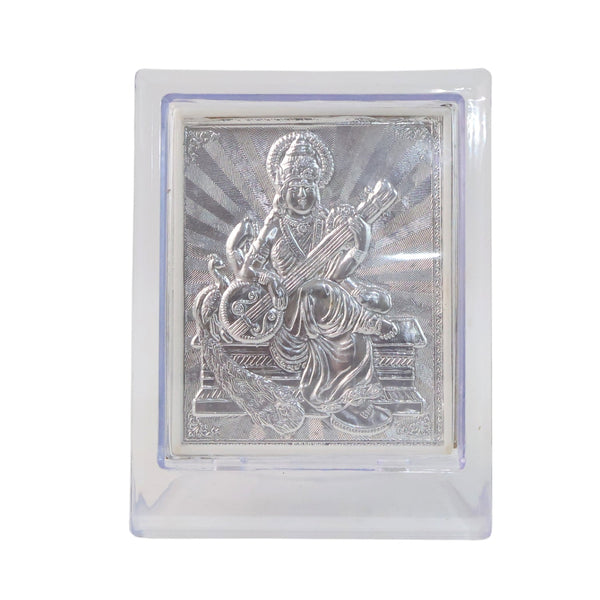 Side profile view of silver Saraswati Maa photo frame showing sturdy stand