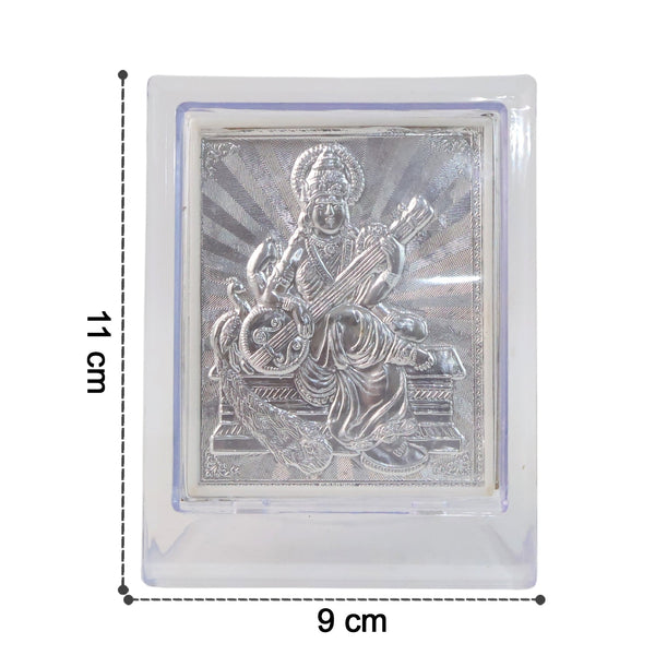 Silver Saraswati Maa photo frame displayed on a flat surface with clear acrylic cover
