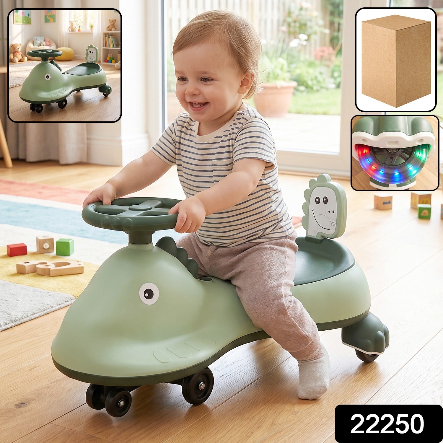 Kids Dinosaur Swing Car Ride On Toy with Music and Steering Wheel (1 Pc) Secondary image