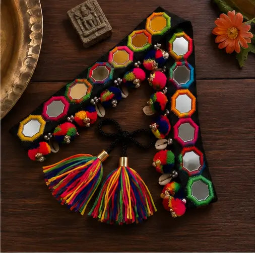 Navratri Designer Mirror Work Kamarband – Handmade Multicolor Embroidered Waist Belt with Pom-Poms & Tassels
