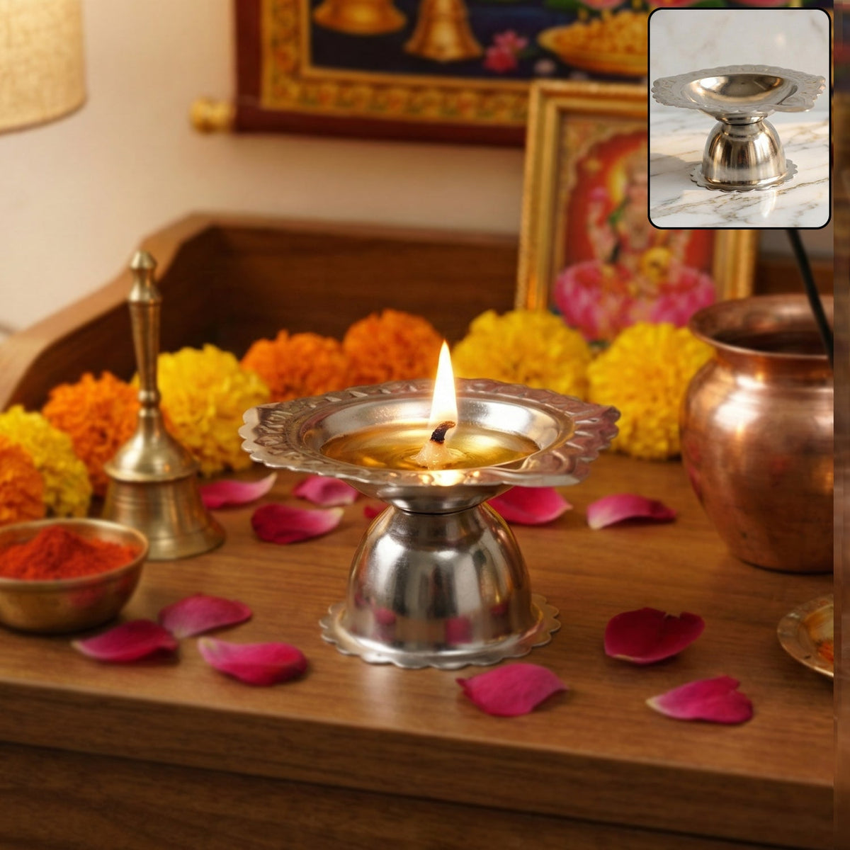 Traditional stainless steel puja diya stand with polished finish Main image