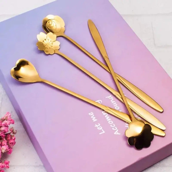 4 Pcs Golden Decorative Spoon Set – Stylish Floral Design Spoons for Kitchen & Dining