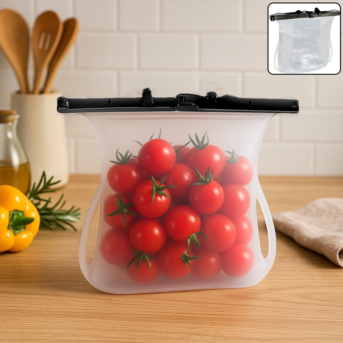 A clear Reusable Silicone Food Storage Bag standing upright, showcasing its leakproof seal and flat bottom design. Main image