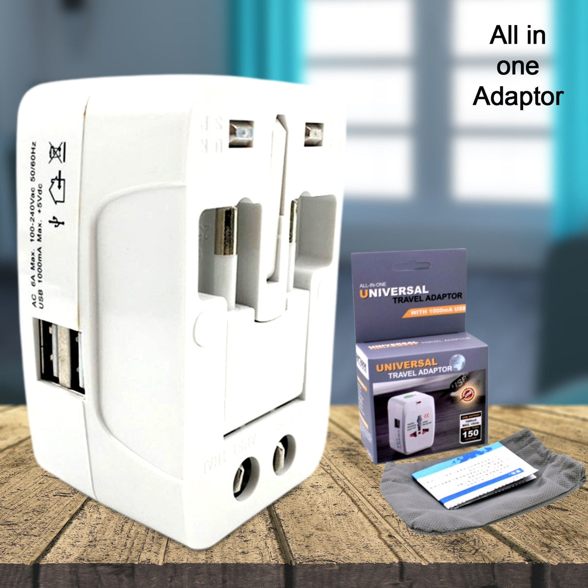 Poravar Universal Travel Adapter showing AU, UK, US, EU plug types. Main image