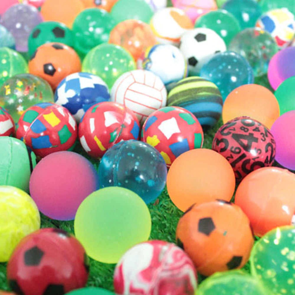 Collection of 14 vibrant bouncy balls with varied patterns, perfect for kids' play. Main image