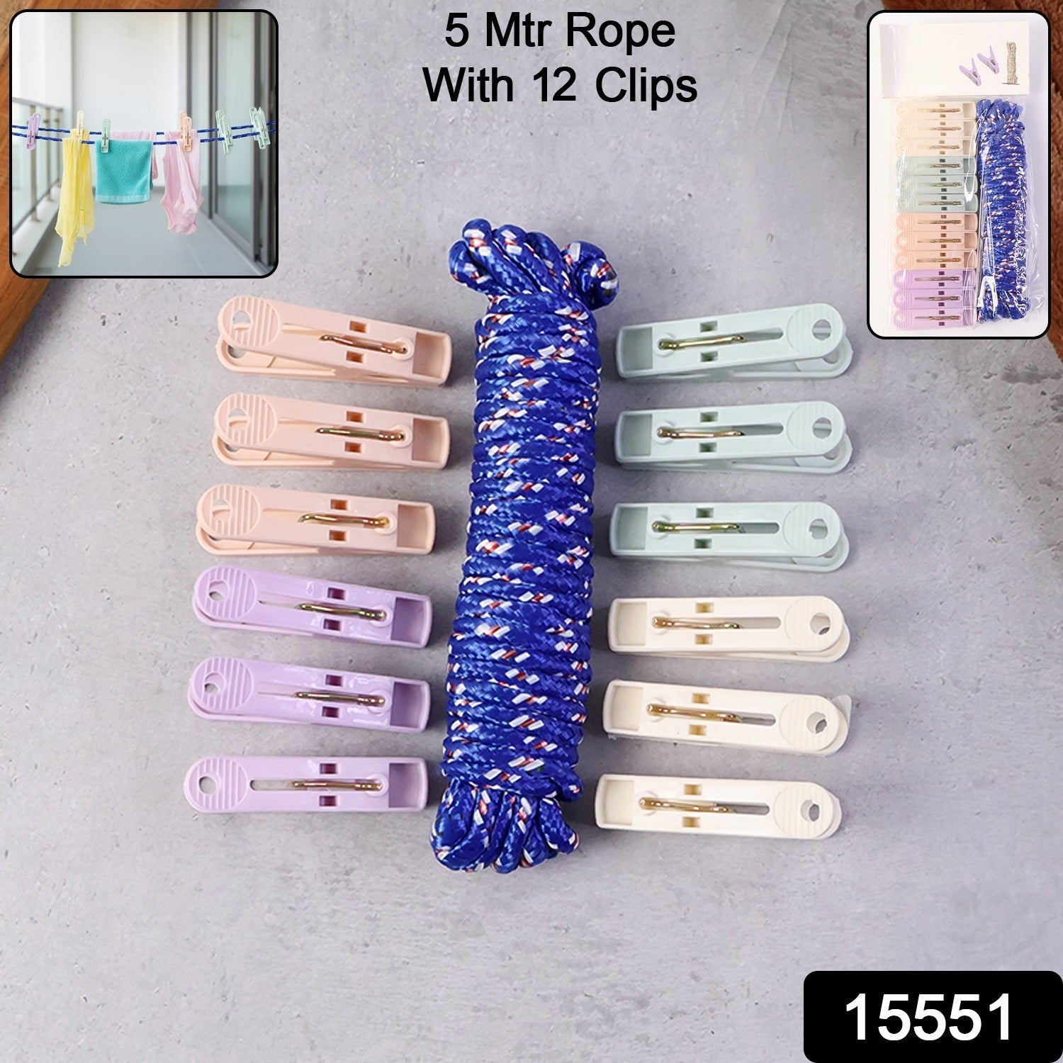 Clothesline Rope with 12 Clips – 5 Meter Heavy Duty Drying Rope Secondary image