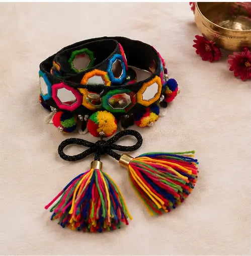 Navratri Designer Mirror Work Kamarband – Handmade Multicolor Embroidered Waist Belt with Pom-Poms & Tassels