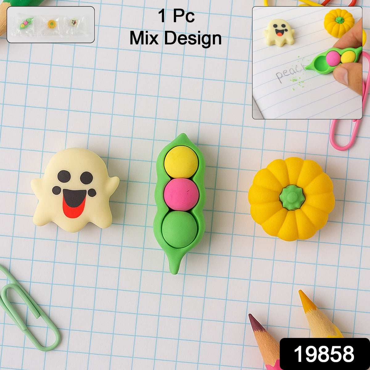 A cheerful yellow smiley face cartoon eraser, made from soft, non-toxic rubber for clean erasing. Main image