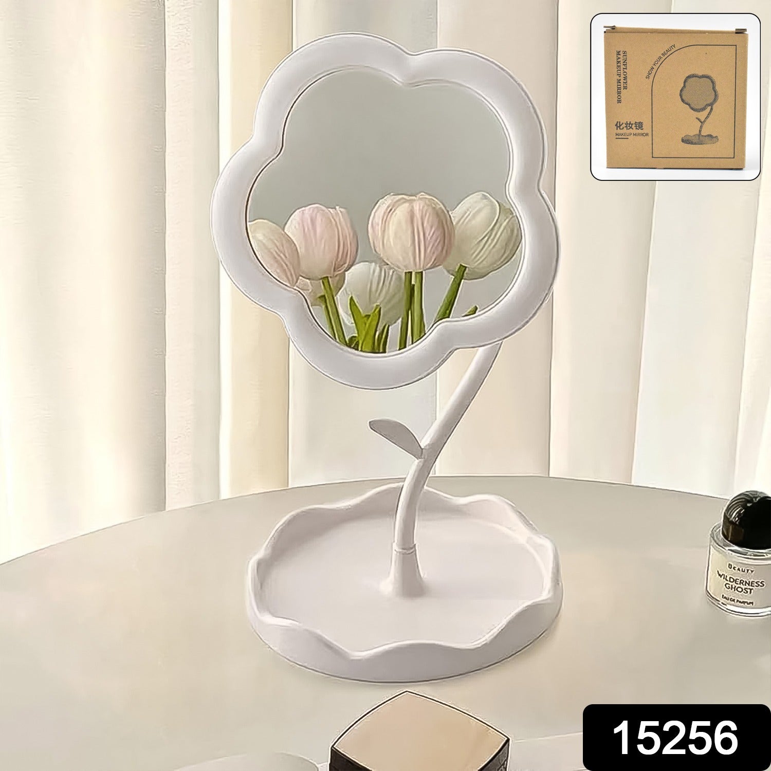 Flower-Shaped Makeup Mirror – Rotatable Vanity Mirror with Tray Secondary image