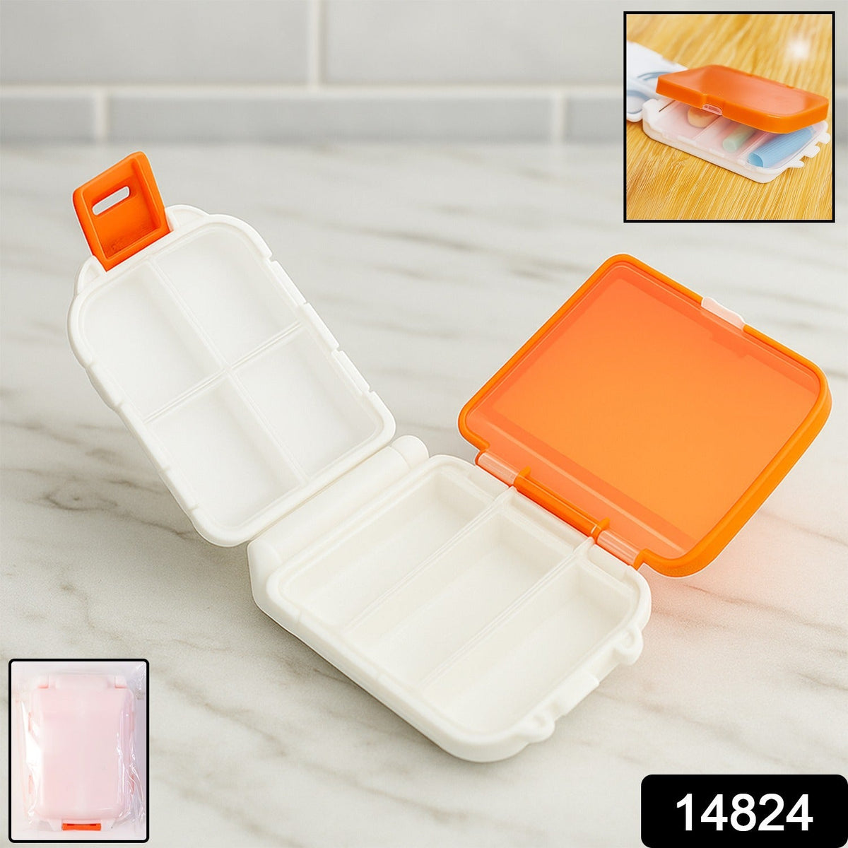 Portable pill organizer box with snap lock lids and dual compartments Main image