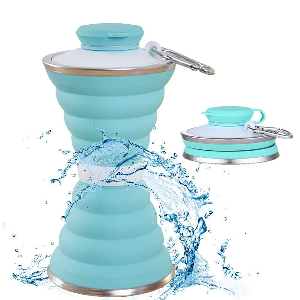 A blue silicone collapsible water bottle shown both upright and compactly folded. Main image