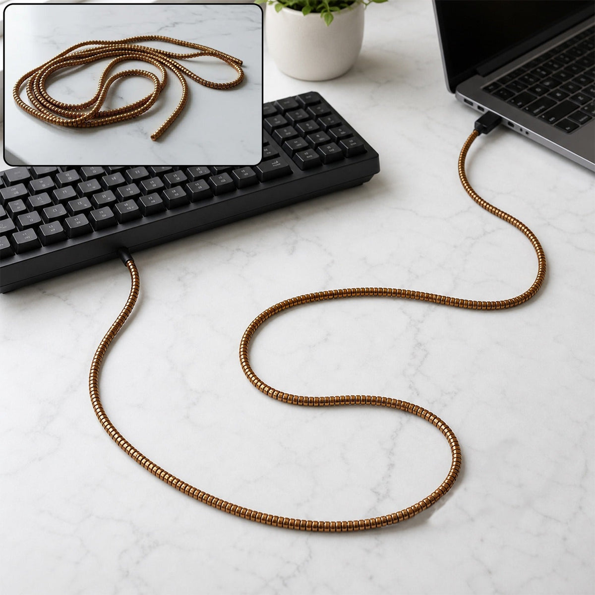 Mixed colour spiral cable protector sleeve wrapped around a charging cable. Main image
