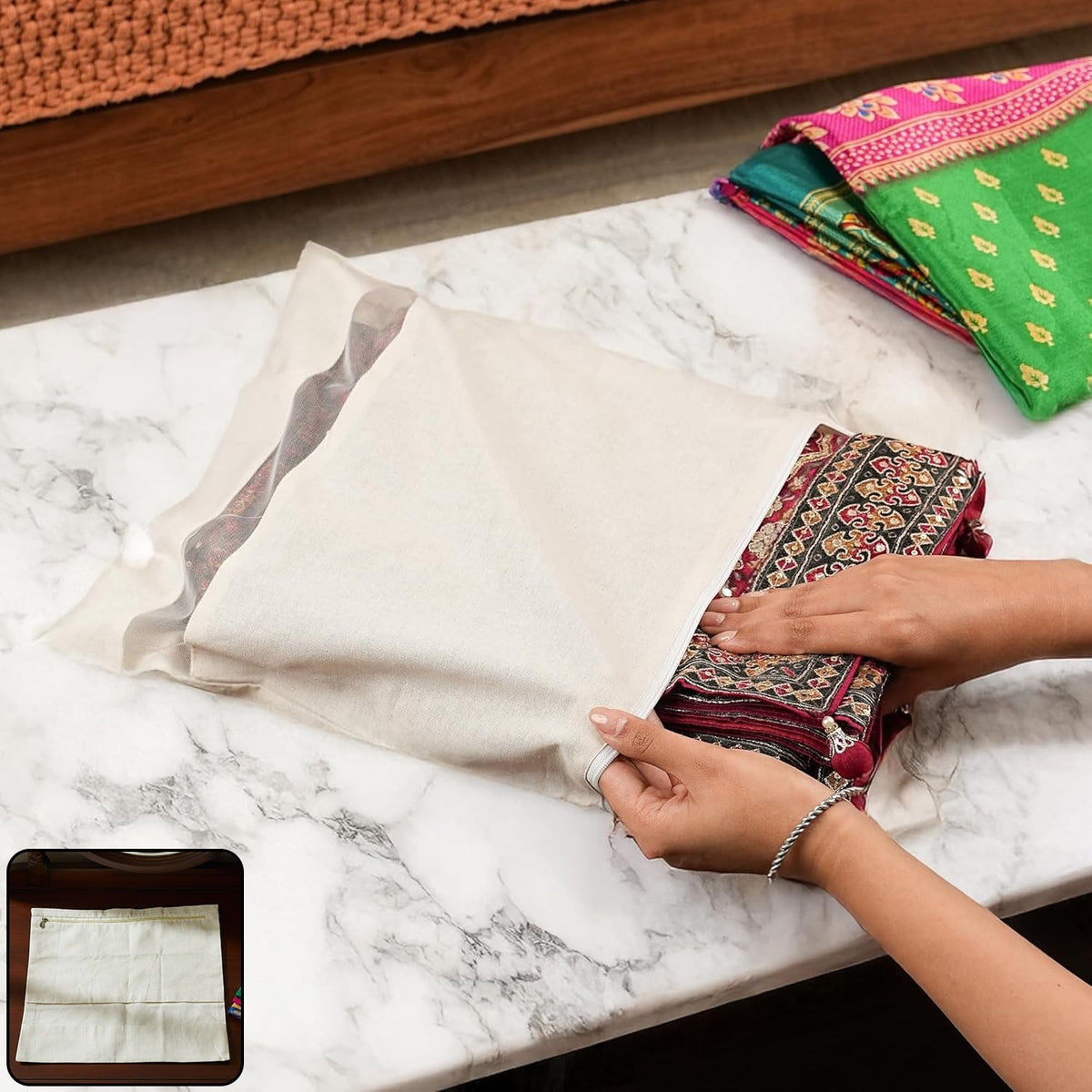 Zip closure saree storage bag in folded state Main image