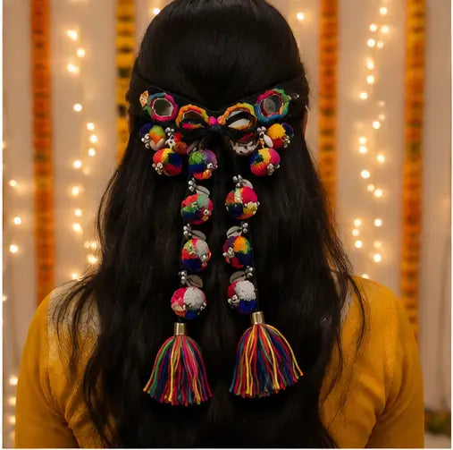 Navratri Designer Mirror Work Kamarband – Handmade Multicolor Embroidered Waist Belt with Pom-Poms & Tassels