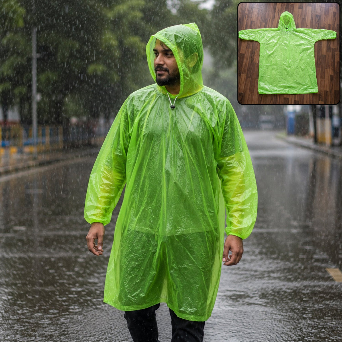Green reusable waterproof raincoat with hood for men and women. Main image