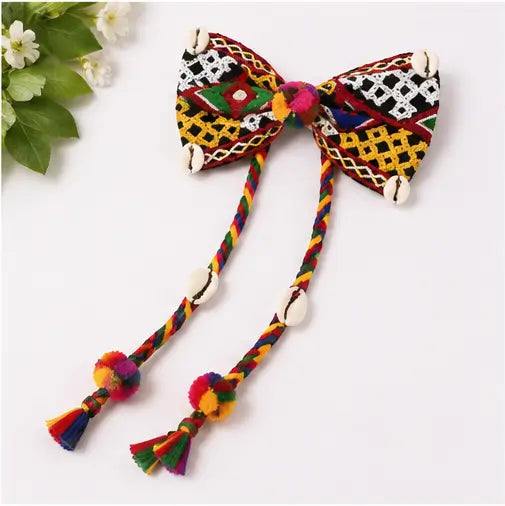Set of 2 Navratri Hair Bow Alligator Clips – Handmade Multicolor Braided Ethnic Hair Accessories with Pom-Poms & Cowrie Shells Secondary image