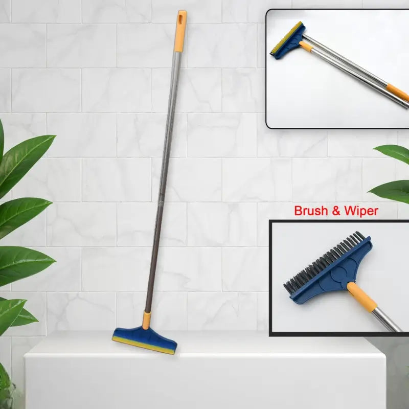 2 in 1 Cleaning Brush & Wiper , Long Handle Floor Brush, Rotatable Cleaning Brush for Bathroom, Kitchen, 120 Degree Triangular Rotating Brush Head with Wiper
