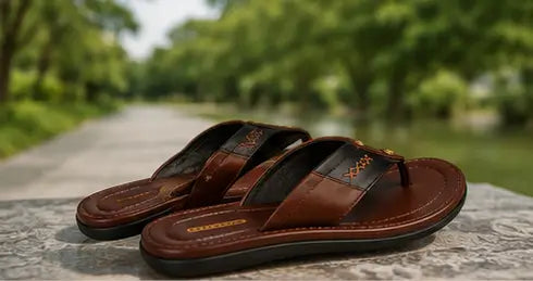 Goodreed Men's Brown Leather Flip Flops – Premium EVA Sole Casual Thong Slippers for Daily Wear Secondary image