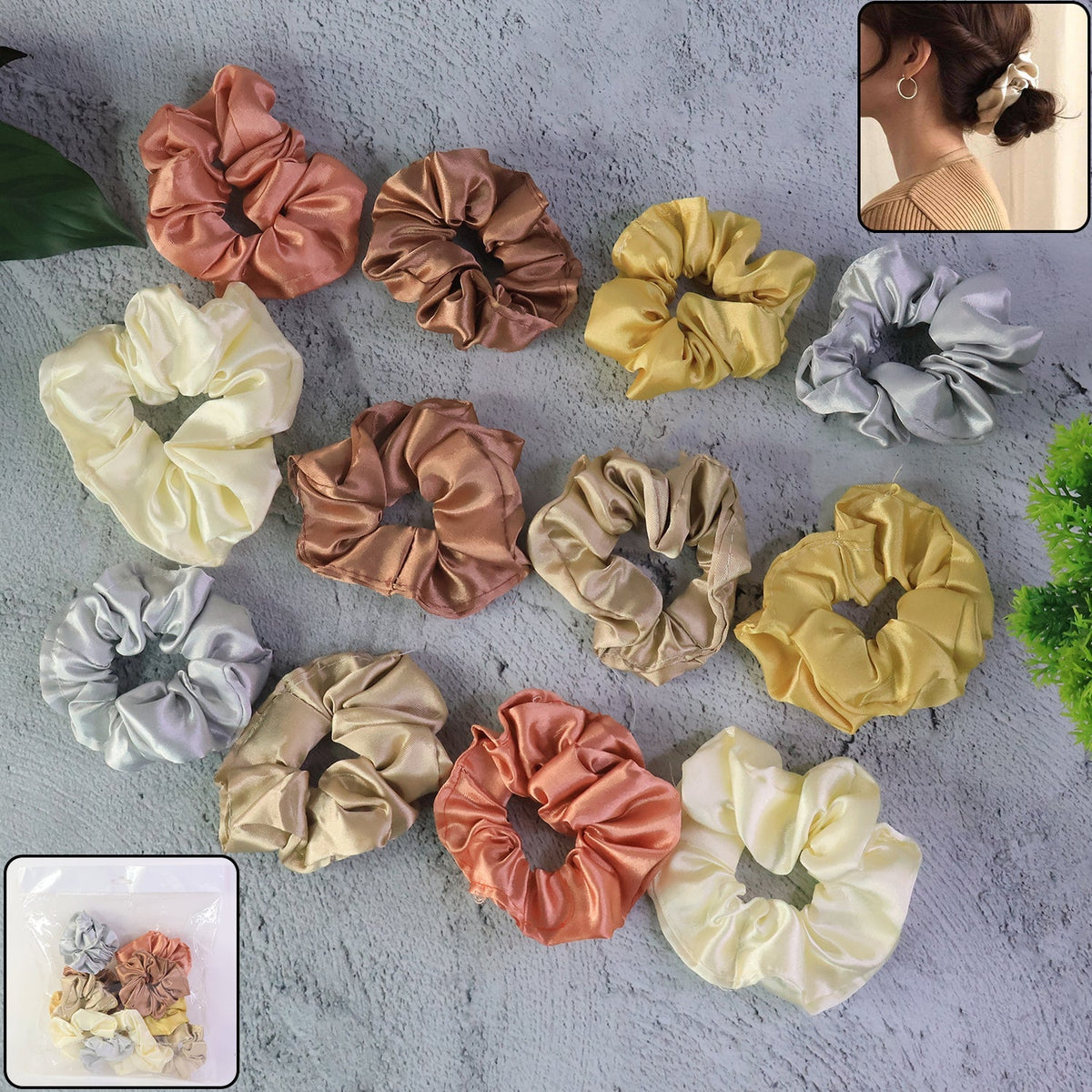 Set of 12 satin hair scrunchies in assorted pastel and neutral colors Main image