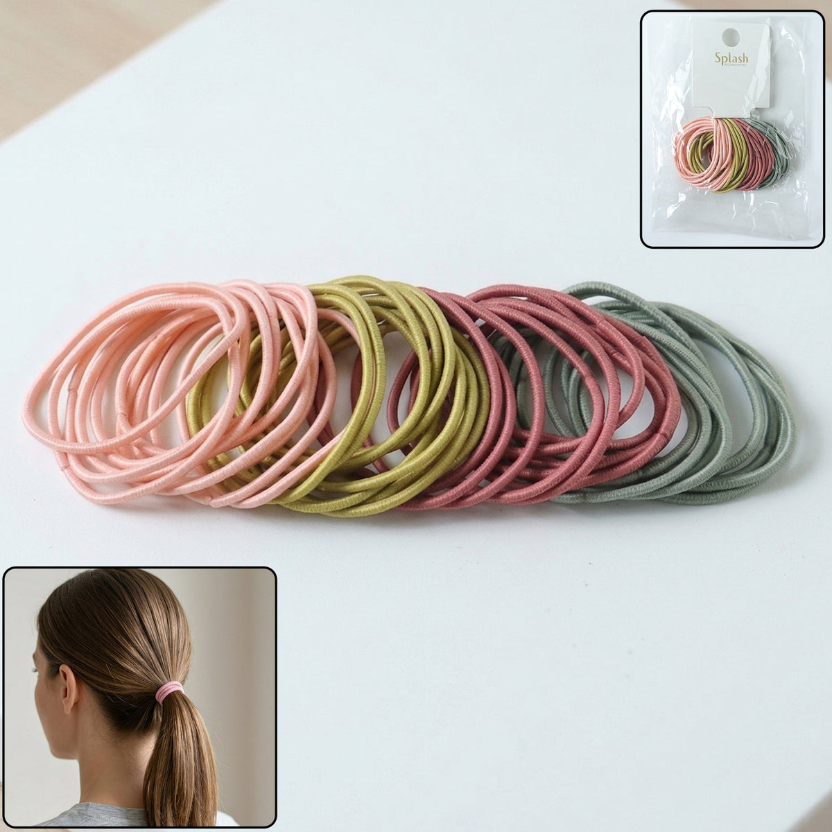 Set of 40 neutral elastic hair bands, offering a soft yet strong hold for all hair types. Main image