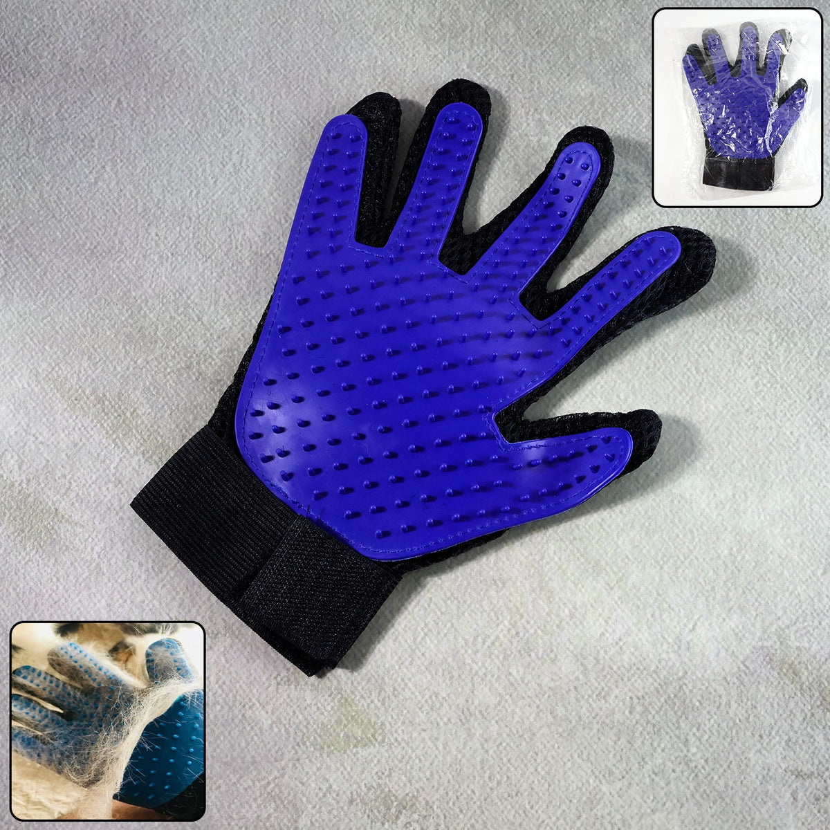 A five-finger pet deshedding glove with silicone tips, ready for grooming. Main image