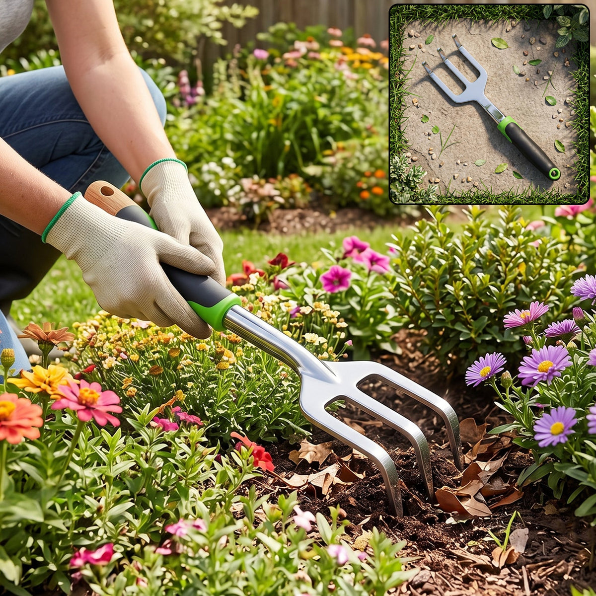 3 prong garden hand cultivator fork, stainless steel tool with ergonomic handle (1 pc) Main image